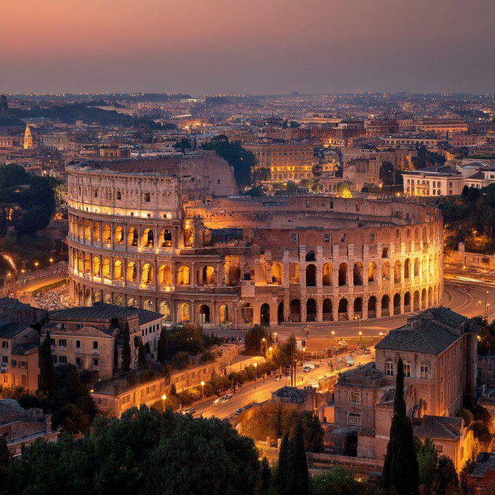 The Roman Colosseum at dusk in Rome, Italy